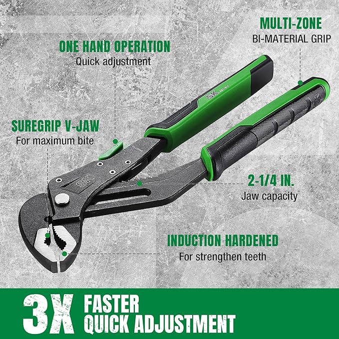 SK 10-Inch Quick Adjust Groove Joint Pliers, Water Pump Pliers, Premium CR-V Construction, SureGrip V-Jaw Design with Comfortable Grips