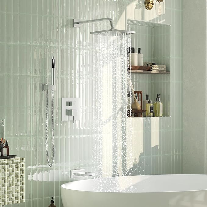 Esnbia Bathtub Shower Faucet Set, Rain Shower System with Tub Spout, 10 Inches Shower Heads with Handheld Spray Combo, Wall Mounted Shower Fixtures with Shower Valve kit, Chrome
