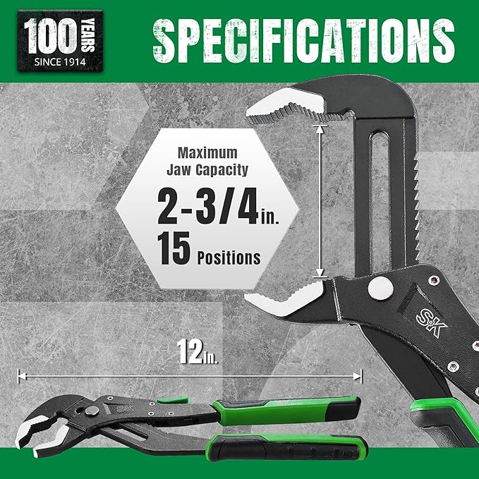 SK 12-Inch Quick Adjust Groove Joint Pliers, Water Pump Pliers, Premium CR-V Construction, SureGrip V-Jaw Design with Comfortable Grips