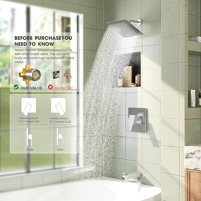 Alesco Shower Faucet Set, Brushed Nickel Tub Shower Faucet with 8-Inch Showerhead and Bathtub Spout, Showerhead and Handle Set Include Valve and Trim Kit, Brushed Nickel