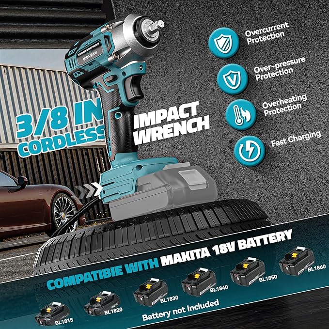 Cordless Impact Wrench Compatible with Makita 18v Battery: 250Ft-lbs(340N.m) 3/8" Brushless Electric Impact Gun, 2400RPM High Torque Impact Driver, Power Impact Wrench, Bare Tool Only