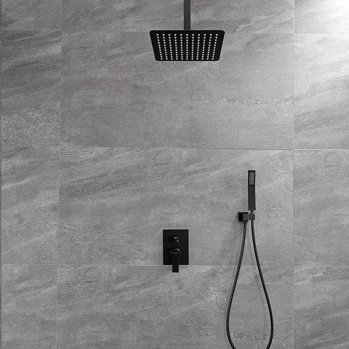 Ceiling Mounted Rain Shower System, SHAMANDA Luxury Brass Shower Faucet Set with 12 Inch Shower Head and Hand Shower(Including Rough-In Valve Body and Trim), Matte Black, LCM701-7