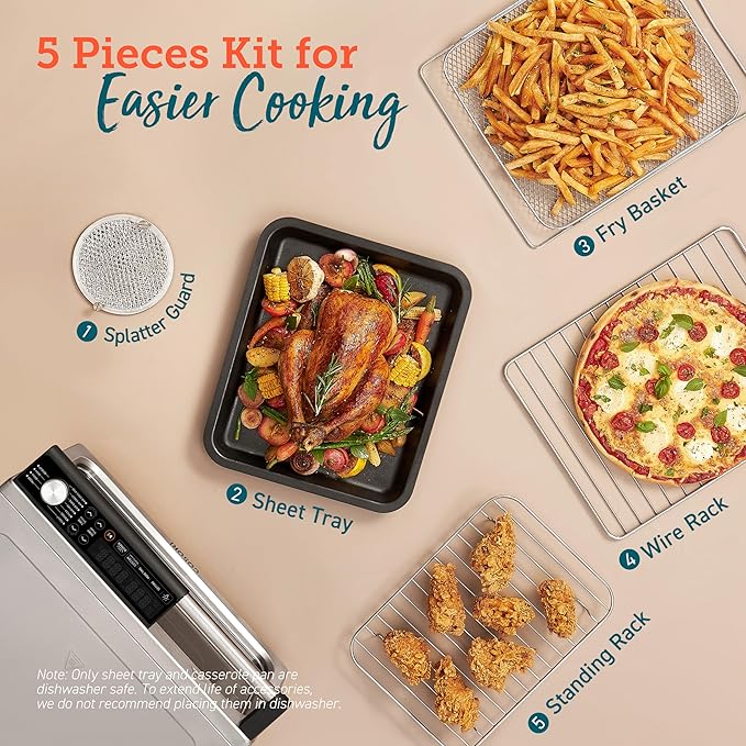 COSORI Ceramic Air Fryer Toaster Oven Combo, 11-in-1 Flat-Sealed Heating Elements for Easy Cleanup, Innovative Burner Function, 6 Accessories & Recipes, 26QT, Silver, Stainless Steel