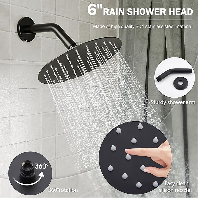 Tub Shower Faucet, Matte Black Shower Faucet Set with 6-Inch Rainfall Shower Head and Tub Spout, Shower Tub Faucet Set Complete (Included Shower Valve), Tub Shower Trim Kit, Matte Black