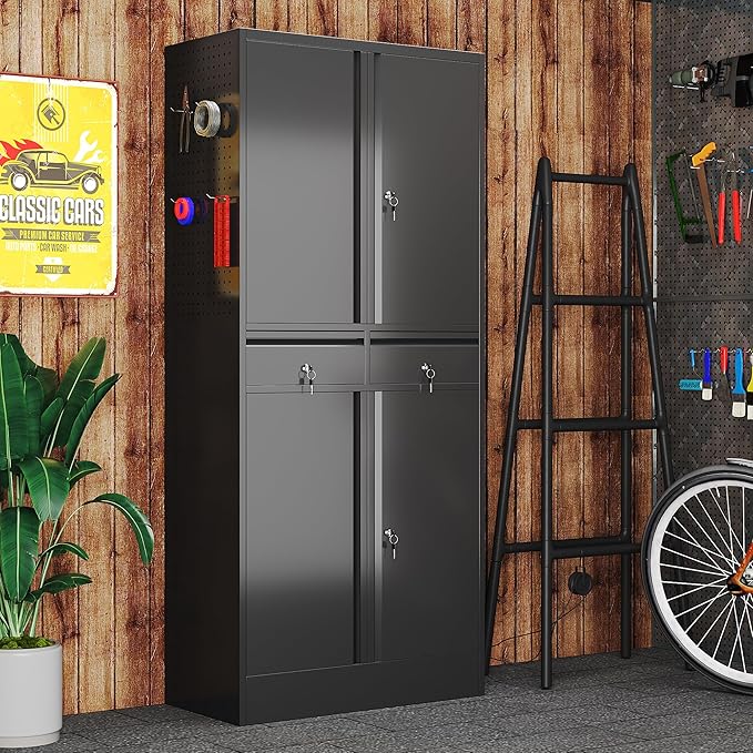 Metal Garage Storage Cabinet with Pegboards and Hooks,MetalTool Storage Cabinet with 2 Drawer and 2 Adjustable Shelves for Garage,Warehouse,Home,Office,School,Requires Installation,Black