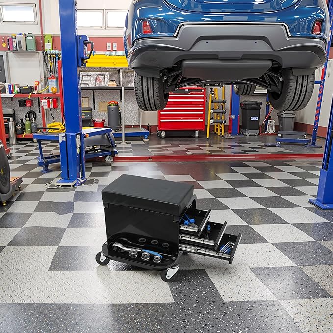 Rolling Stool 3 Drawers Mechanic Creeper Steel Frame Shop Stools with Wheels, Ball-Bearing Slides, Back Storage Tank, Tool Box for Garage Workshop, Black