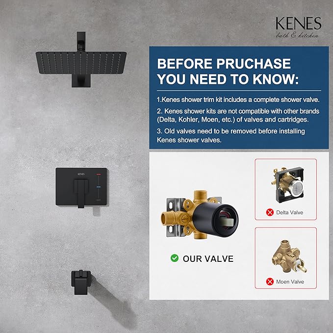 KENES Modern Matte Black Shower Faucet Set, Tub and Shower Trim Kit With Single-Spray Head, Square Faucet, KE-6024A-2 (Valve Included)