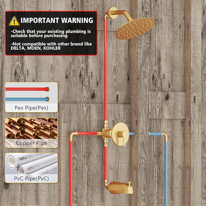 Tub Shower Faucet Set, Tub and Shower Trim Kit with 6 Inch High-Pressure Rian Shower Head,Shower Head and Handle Set, Brushed Gold