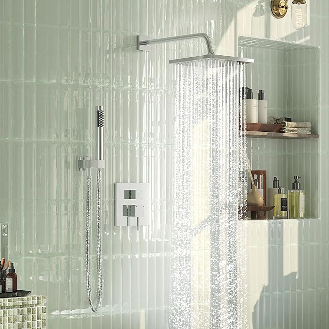 Esnbia Shower Faucet Set, Rain Shower System with Valve, 10 Inches Shower Heads with Handheld Spray Combo, Wall Mounted Shower Fixtures, Chrome