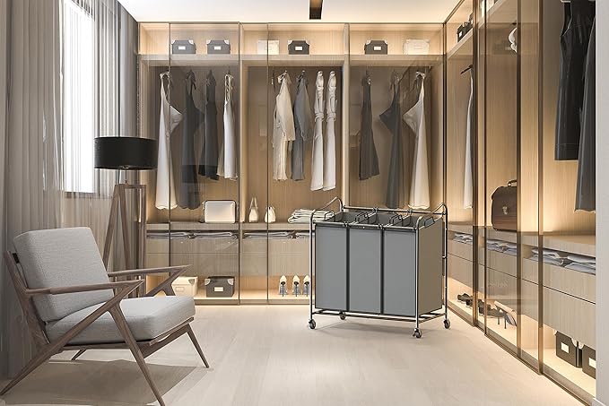 Simple Houseware Heavy Duty 3-Bag Laundry Sorter Rolling Cart, Dark Grey – Durable Triple Laundry Hamper with Removable Bags and Lockable Wheels for Efficient Laundry Organization