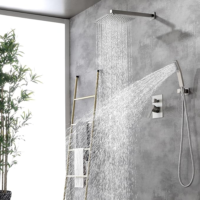 SHAMANDA Rainfall Shower System, Bathroom Luxury 10-Inch Rain Shower Head and Handheld Shower Faucet Combo Set Brushed Nickel(Including Rough-In Valve Body and Trim), Wall Mount, L701-2