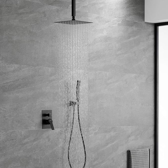 Ceiling Mounted Rain Shower System, SHAMANDA Luxury Brass Shower Faucet Set with 12 Inch Shower Head and Hand Shower(Including Rough-In Valve Body and Trim), Matte Black, LCM701-7