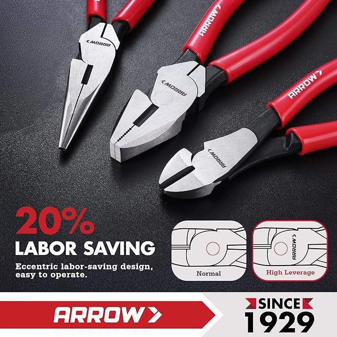 ARROW 3PCS Pliers Set, 8" Needle Nose Pliers, 7" Diagonal Plier, 8" Linesman with Non-slip Handle, Premium Carbon Steel, High Leverage Design