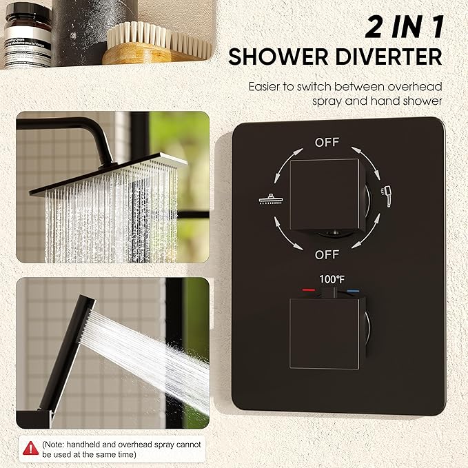 Esnbia Thermostatic Black Shower System, All Metal Shower Faucet Set with 10 Inches Rain Shower Head, Rainfall Shower Heads with Handheld Spray Combo,Anti-Scald Shower Combo Set, Matte Black