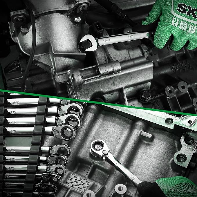 SK Reversible Ratcheting Wrench Set, Combination Wrench Set, 12-Piece, Metric 8-19 mm, 72-Tooth, Premium CR-V Construction, with Rack Organizer