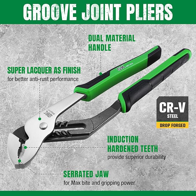 SK 12-Inch Groove Joint Pliers, Water Pump Pliers, Premium CR-V Steel Construction, Serrated Jaw with Comfortable Grips