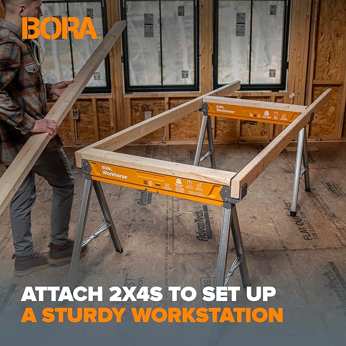 BORA Workhorse Saw horses 2 pack Folding Heavy Duty Legs, Metal Saw horse with 2x4 Bracket Built in Bottle Opener Professional Saw Horse for Woodworking Carpenters Contractors PM-3350T