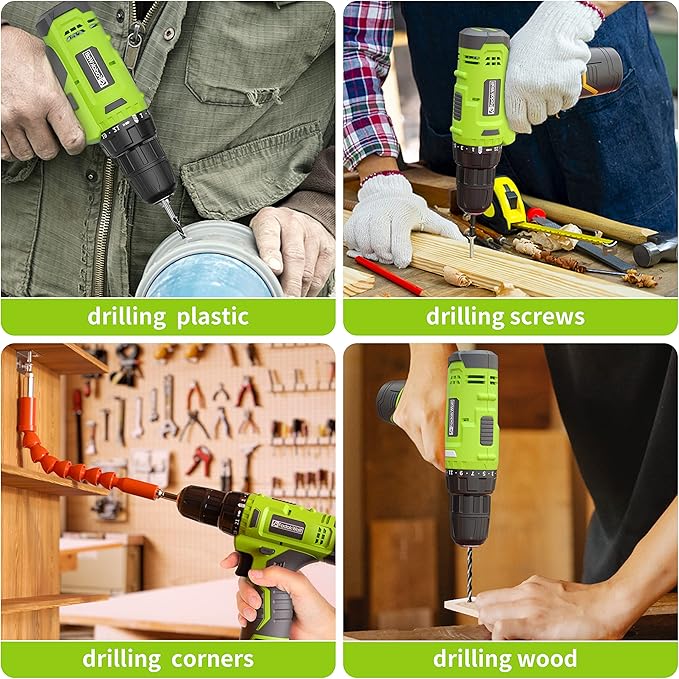 Cordless Drill Set,12V Power Drill Set with Battery and Charger, Electric Driver/Drill Bits, 3/8'' Keyless Chuck,21+1 Torque Setting, 180 inch-lbs, with LED Electric Drill Set (Green)