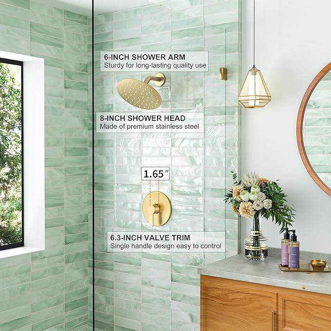 Shower Faucet, Gold Shower Faucet Set with 8-Inch Rainfall Showerhead, Single-Handle Shower-Trim Kit Included Valve, Brushed Gold