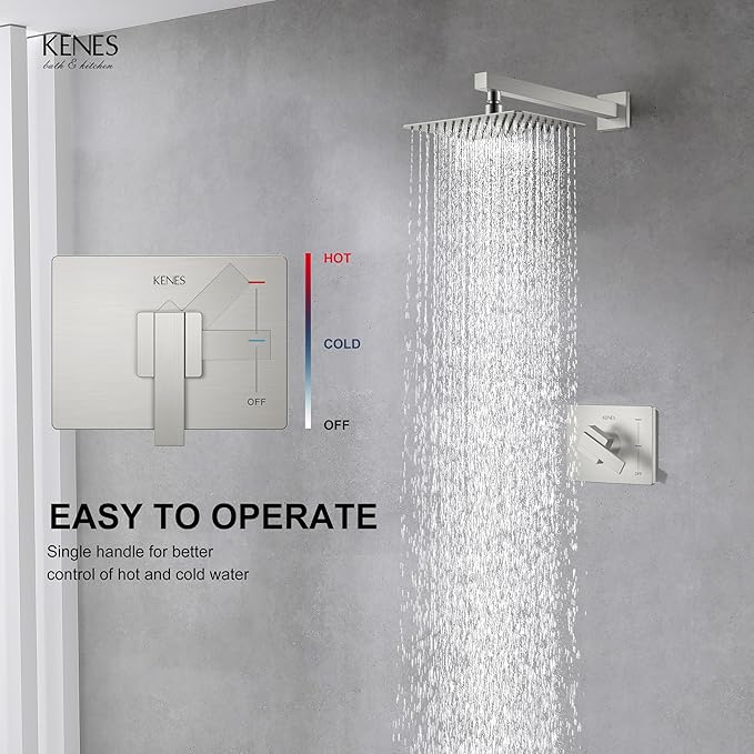 KENES Modern Brushed Nickel Shower Faucet, Square Shower Trim Kit with Single-Spray Shower Head, Shower Trim Systems Wall Mount, KE-6024B (Shower Valve Included)