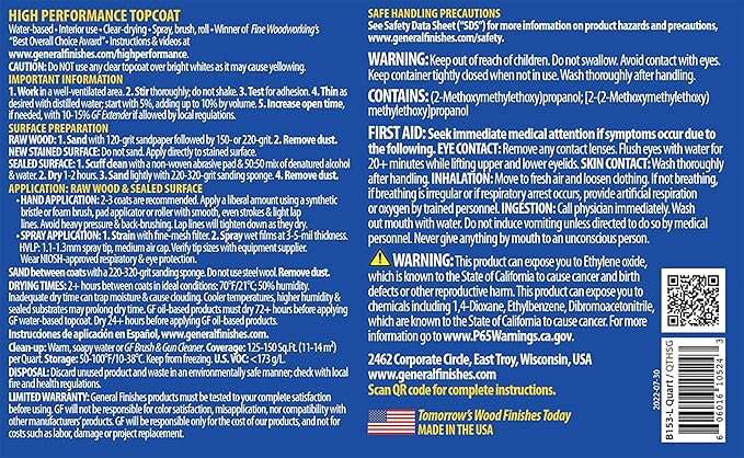 General Finishes High Performance Water Based Topcoat, 1 Gallon, Semi-Gloss