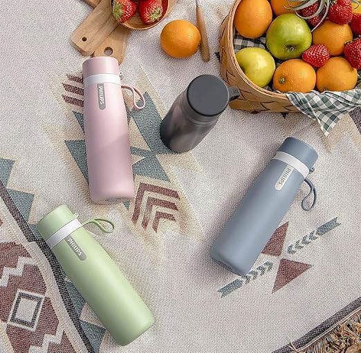 PHILIPS Insulated Stainless Steel Filtered Water Bottle with 3 Philips GoZero Everyday Tap Water Filters BPA Free Transform Tap Water into Healthy Tastier Water Keep Drink Hot/Cold, 18.6 oz, Grey