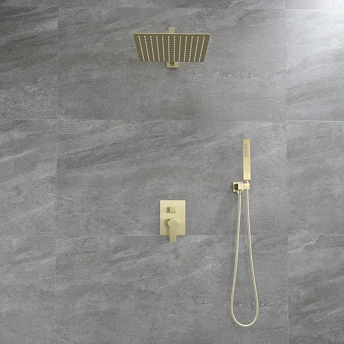 SHAMANDA Brass Rainfall Shower System, Luxuly Bathroom Shower Faucet Combo Set Brushed Champaign Gold(Including Rough-In Valve Body and Trim), L7001-3