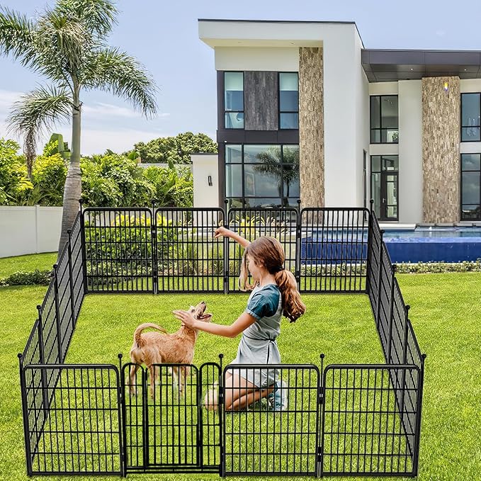Garden Fences with Gate, 32 in(H)×27 in(L) 16 Panels Total 35.4 Ft(L), Garden Animal Barrier, Fence for Dogs Outside, Heavy Duty Iron Metal Animal Barrier Fence, Flower Bed Fencing