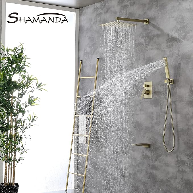 SHAMANDA Shower System with Waterfall Tub Spout and Handheld Shower Head, 12" Rain Shower Faucet Sets Complete with Shower Round-in Valve and Trim Wall Mount, Brushed Gold, L101-3