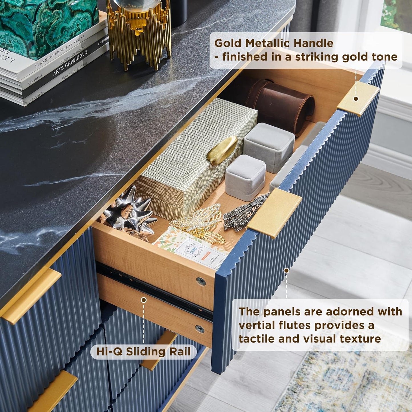 T4TREAM Fluted 6 Drawers Dresser for Bedroom, 54" Wide Modern Dresser TV Stand, Gold Accents, Fluted Fronts, Wood Storage Dressers Organizer for Bedroom, Living Room, Navy Blue