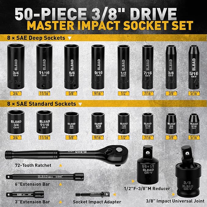 3/8'' Drive Impact Socket Set - 50-Piece Shallow & Deep Socket Set Metric and Standard Full with Universal Joint, Extension Bar, 1/2 to 3/8 Reducer, Hex Shank Socket Adapter, Ratchet Handle