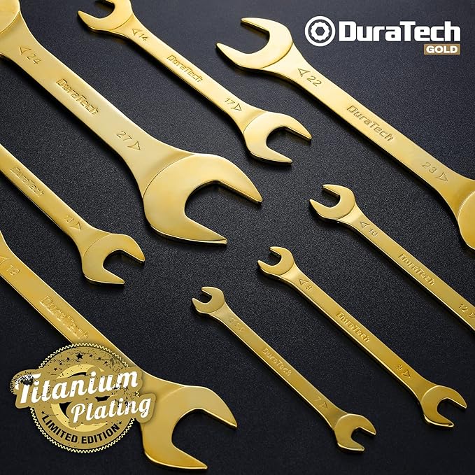 DURATECH Super-Thin Open End Wrench Set, Metric, 8-Piece, 5.5mm to 27 mm, Titanium Plating, Slim Spanner Set with Rolling Pouch
