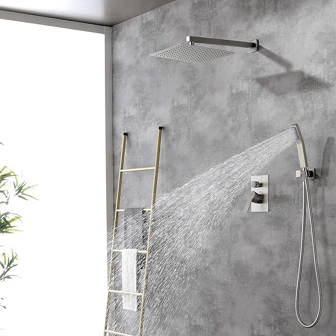 SHAMANDA Bathroom Rain Shower System, 12 Inch Luxuly Shower Head and Handheld Shower Faucet Combo Set Brushed Nickel(Including Rough-In Valve Body and Trim), Wall Mount, L7001-2