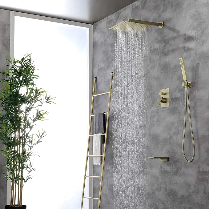 SHAMANDA Shower System with Waterfall Tub Spout and Handheld Shower Head, 12" Rain Shower Faucet Sets Complete with Shower Round-in Valve and Trim Wall Mount, Brushed Gold, L101-3