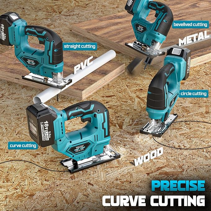 Jigsaw Compatible With Makita 18V Battery, Cordless jig saw tool, 0°- 45° Bevel Cuts, LED Light with 3 Position Orbital Setting for Cutting (With 5Ah Battery & Charger Station Kit)