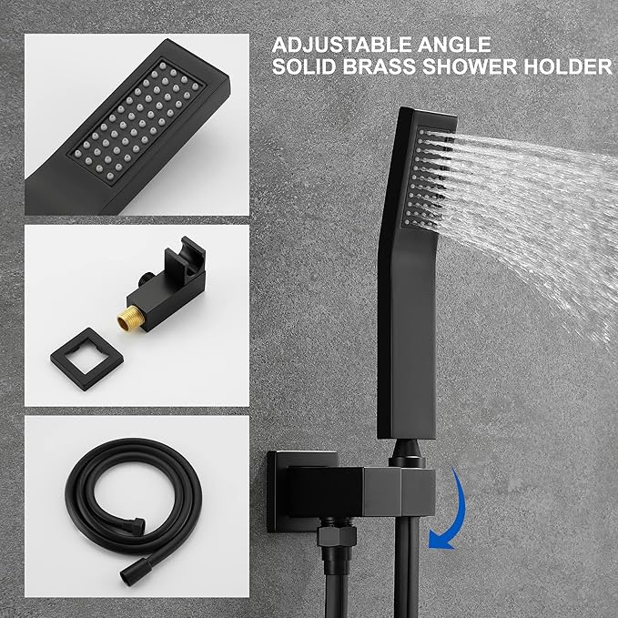 SHAMANDA Shower System with Waterfall Tub Spout and Handheld Shower Head, 10" Rain Shower Faucet Sets Complete with Shower Round-in Valve and Trim Wall Mount, Matte Black, L1010-7
