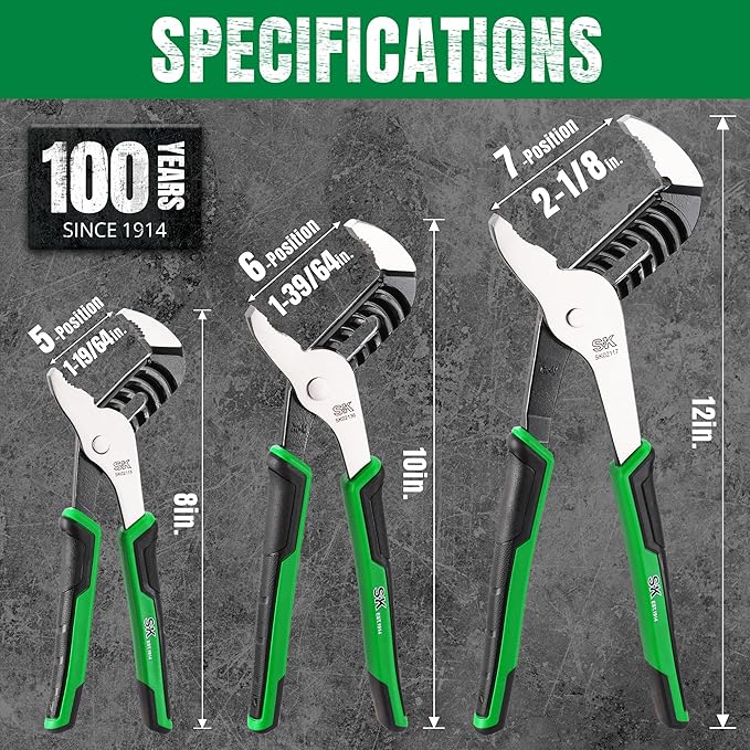 SK 3-Piece Groove Joint Pliers Set, Adjustable Water Pump Pliers, 8-inch, 10-inch, 12-inch, Premium CR-V Steel Construction, Serrated Jaw with Comfortable Grips, Organized in Rolling Pouch