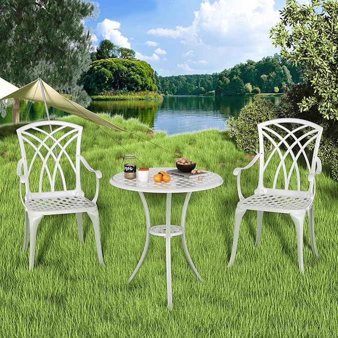 Patio Bistro Set 3 Piece, Cast Aluminum Bistro Set for 2 w/Umbrella Hole, Outdoor Table and Chairs Set of 2, Bistro Set for Balcony/Backyard/Garden, White