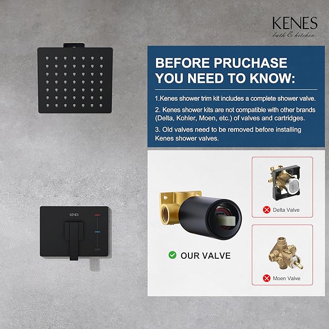 KENES Matte Black Shower Faucet, Shower Trim Kit with Single-Spray Stainless Black Rain Shower Head, Shower Trim Systems Wall Mount, KE-6025B-2 (Shower Valve Included)