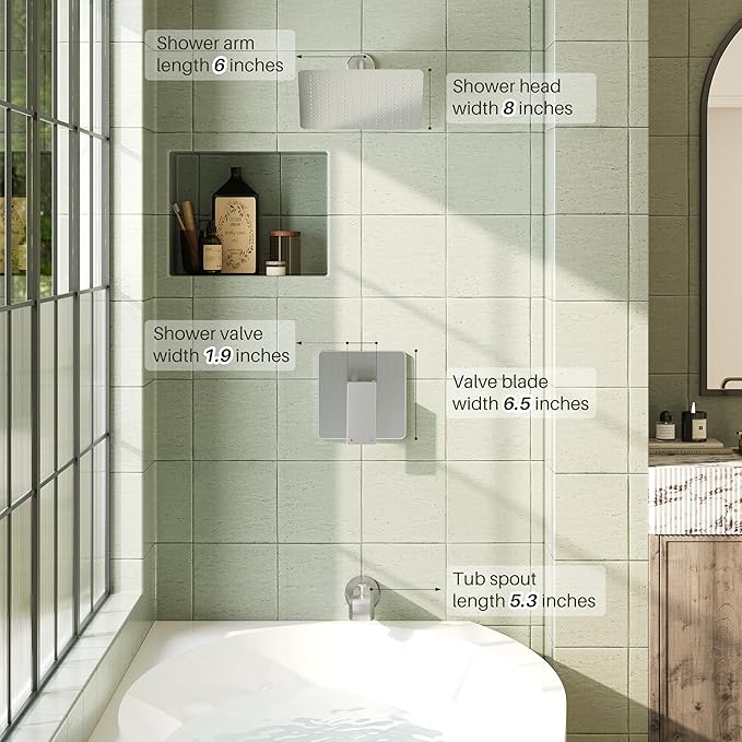 Alesco Shower Faucet Set, Brushed Nickel Tub Shower Faucet with 8-Inch Showerhead and Bathtub Spout, Showerhead and Handle Set Include Valve and Trim Kit, Brushed Nickel