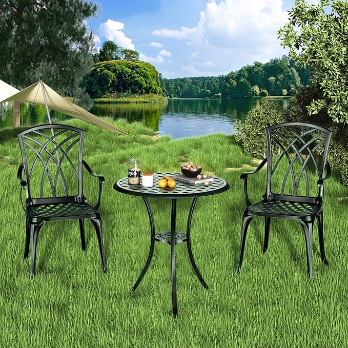 Patio Bistro Set 3 Piece, Cast Aluminum Bistro Set for 2 w/Umbrella Hole, Outdoor Table and Chairs Set of 2, Bistro Set for Balcony/Backyard/Garden, Green