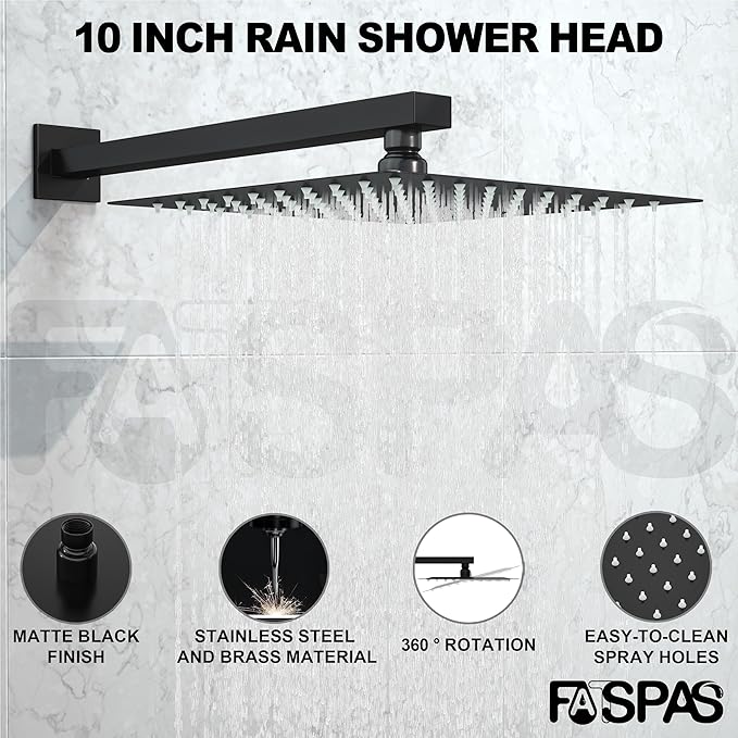 Shower Faucet Set, Shower System with 10 Inch Rain Showerhead and Handheld Shower, Wall Mounted High-Pressure Showerhead Combo Set Included Valve and Trim, Matte Black