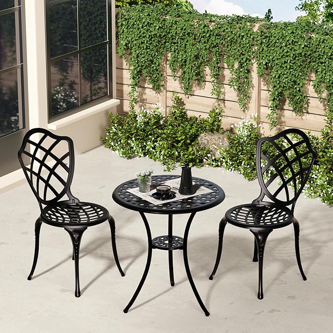 3 Piece Patio Bistro Set, Outdoor Bistro Table and Chairs Set of 2 w/Umbrella Hole, Rust-Resistant Cast Aluminum Bistro Set for Garden/Balcony/Backyard, Black