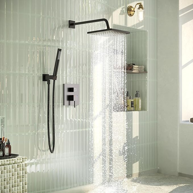 Esnbia Shower Faucet Set, Black Shower System with 10 Inches Rain Head and Handheld Spray, 2 Way Valve Kit, Matte Black