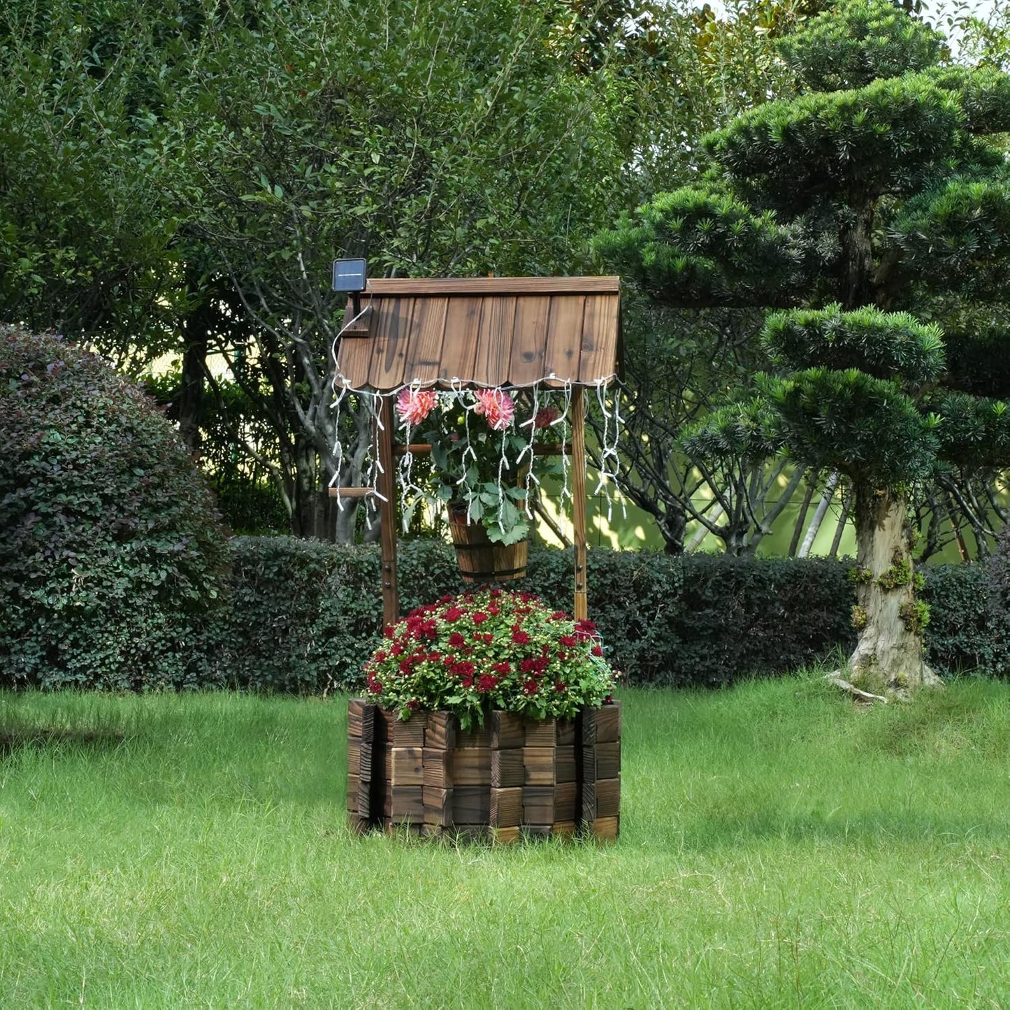 Garden Wooden Decor Rustic Wishing Well with Light Planter Outdoor Home Décor for Patio, Upgrade Wishing Well Garden, Yard Hanging Bucket Patio Lawn Backyard Home Decor