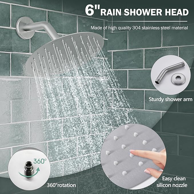 Tub Shower Faucet Set, Tub and Shower Trim Kit with 6 Inch High-Pressure Rian Shower Head,Shower Head and Handle Set, Brushed Nickel