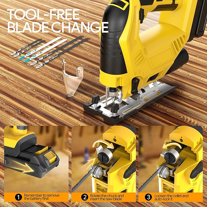 Cordless Jigsaw Compatible with Dewalt 20V Max Battery (No Battery), Brushless Motor, 7 Variable Speed, 45° Beveled Cuts, 3 Orbital Action Settings, Ideal for Wood, PVC, Metal Cutting