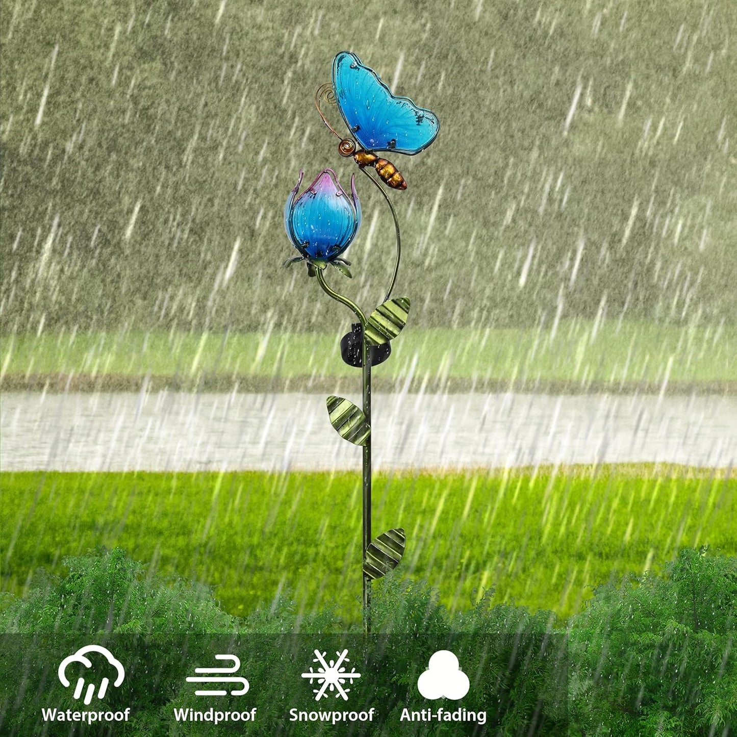 TERESA'S Collections Flower Yard Decorations Outdoor, 42'' Blue Glass Butterfly Solar Outdoor Lights Garden Decor for Outside, Metal Yard Art Garden Stake Decorative for Patio Decor,Gifts for Mom