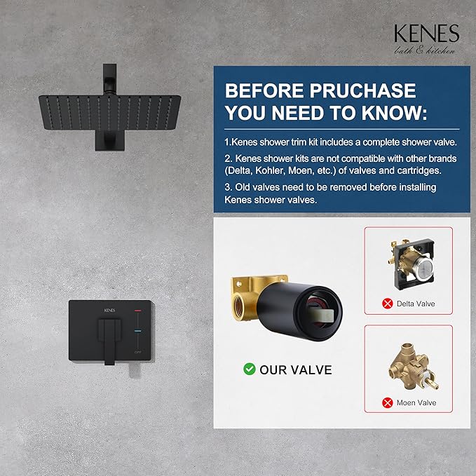 KENES Matte Black Shower Faucet with Square Shower Trim Kit & Single-Spray Head, Wall Mount, KE-6024B-2 (Includes Shower Valve)