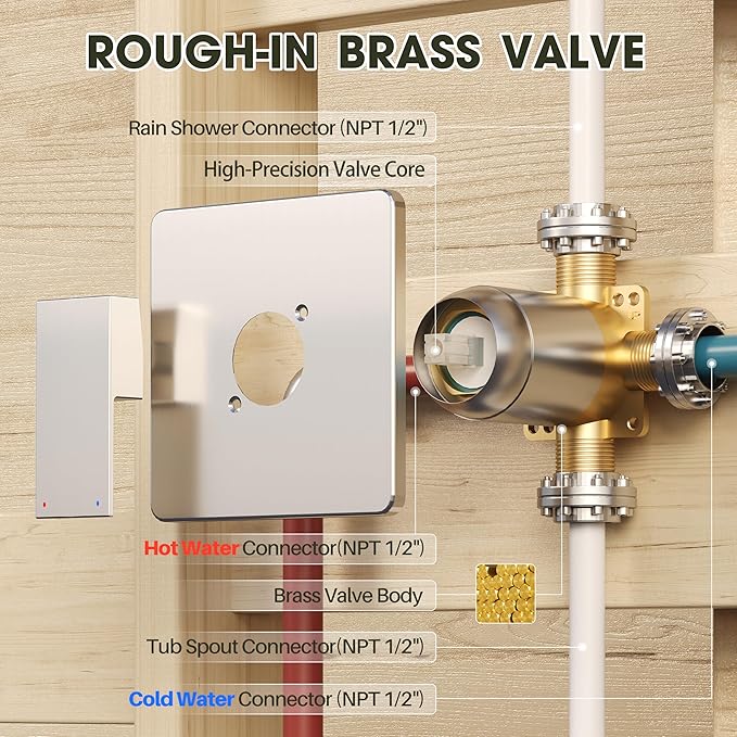 Alesco Shower Faucet Set, Brushed Nickel Tub Shower Faucet with 8-Inch Showerhead and Bathtub Spout, Showerhead and Handle Set Include Valve and Trim Kit, Brushed Nickel